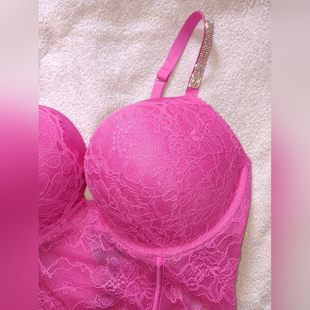 Victoria's Secret Very Sexy Hot Pink Lace Shine Strap Push-Up Corset Top. 36D. - Picture 3 of 13